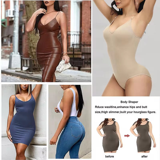 Super Sale V Neck Wire Free Spaghetti Strap Bodysuit Compression Body Suits Slimming Body Shaper Smooth Out Bodysuit